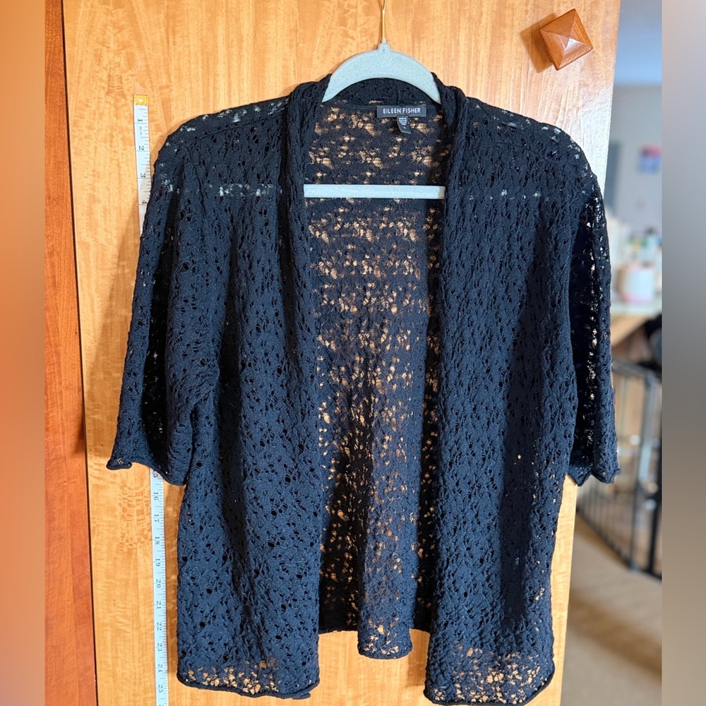 Eileen Fisher Black Open Lace Knit Cardigan
